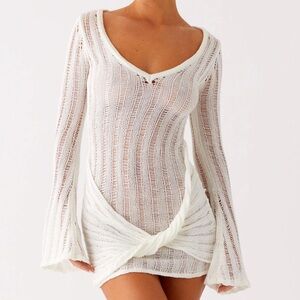 Pepper Mayo Sorelle Long Sleeve Twist Mini-Dress- Ivory- Cover-Up